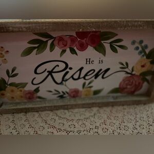 Easter sign -“He is Risen “, distressed rectangle frame colorful flowers